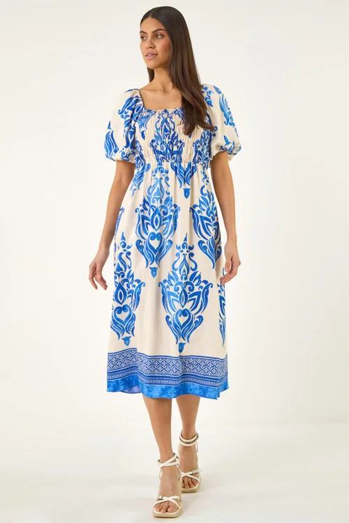 Roman Blue Abstract Print Shirred Midi Dress - 10 Image 3