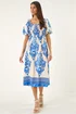 Roman Blue Abstract Print Shirred Midi Dress - 10 Image 3