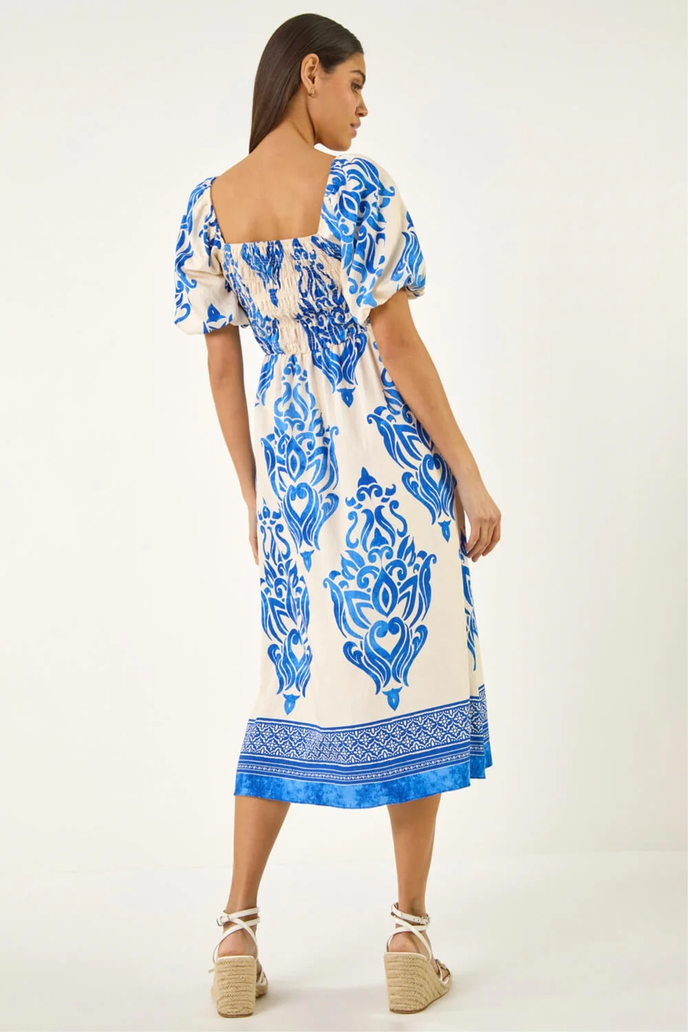 Roman Blue Abstract Print Shirred Midi Dress - 10 Image 4