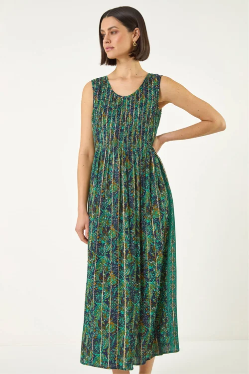 Roman Teal Paisely Leaf Print Shirred Midi Dress - 12 Image 2