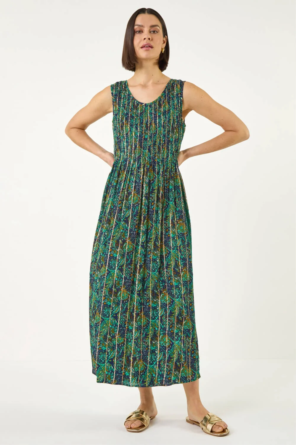 Roman Teal Paisely Leaf Print Shirred Midi Dress - 12 Image 1