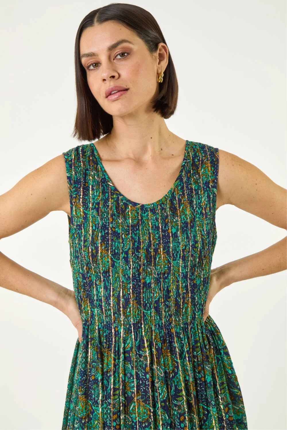 Roman Teal Paisely Leaf Print Shirred Midi Dress - 12 Image 4