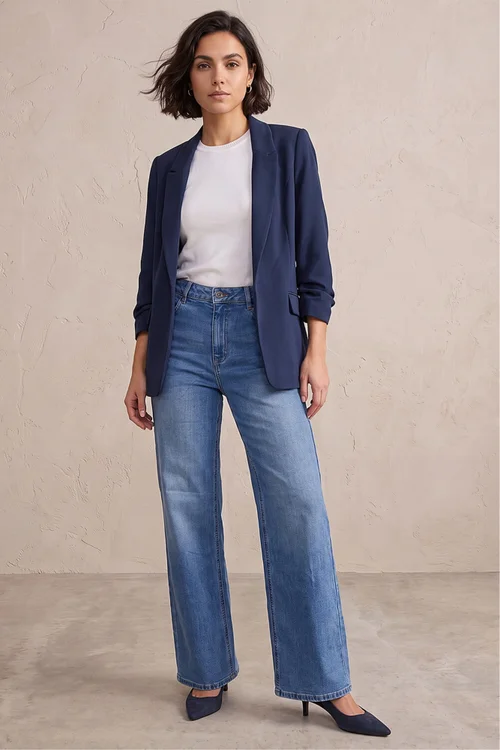 Roman Navy Ruched 3/4 Sleeve Blazer Jacket - 20 Image 2