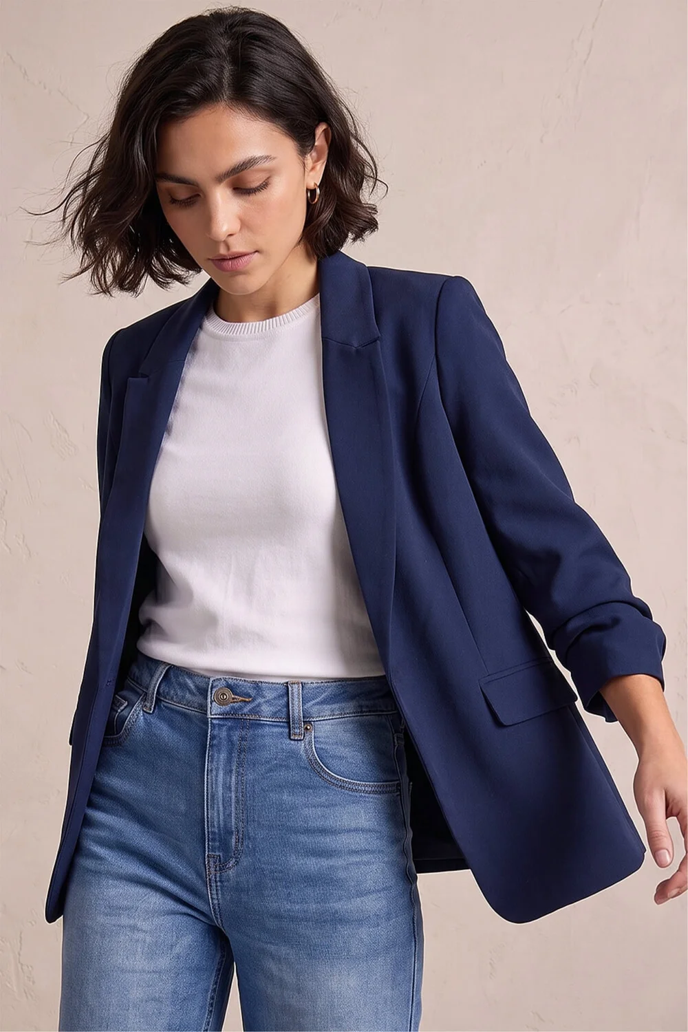 Roman Navy Ruched 3/4 Sleeve Blazer Jacket - 20 Image 1