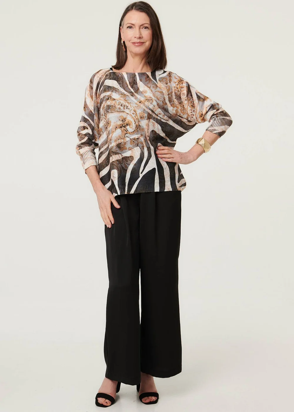 Izabel London Brown Printed Mesh Textured Long Sleeve Top - L Image 4