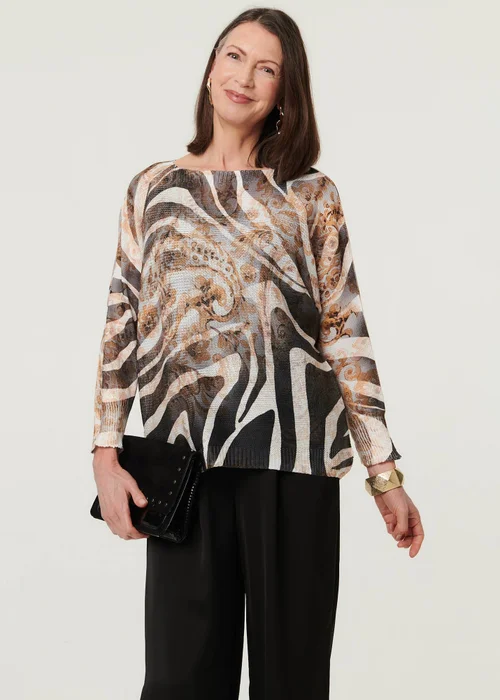 Izabel London Brown Printed Mesh Textured Long Sleeve Top - L Image 1