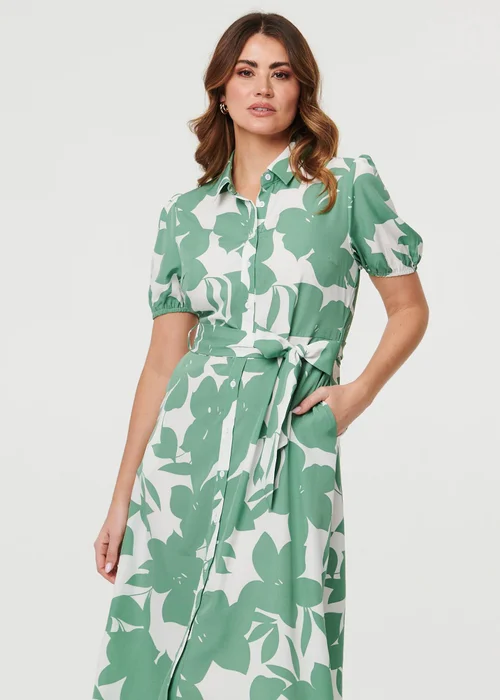 Izabel London Sage Abstract Floral Tie Waist Midi Dress - 16 Image 1