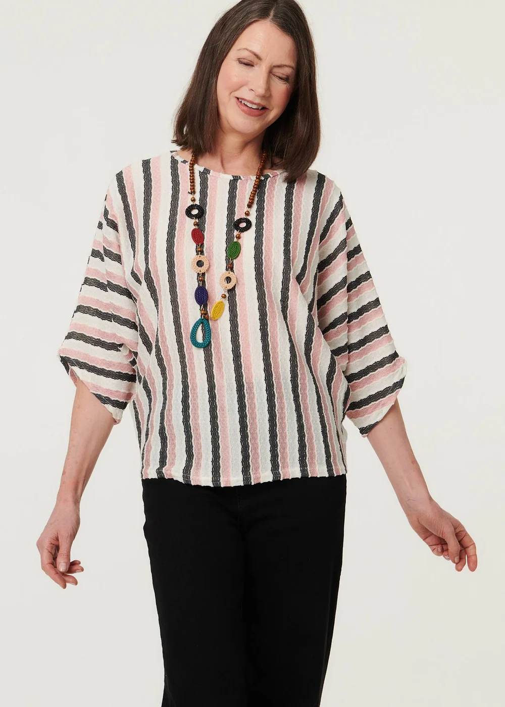 Izabel London Pink Striped 3/4 Sleeve Relaxed Necklace Top - 8-10 Image 1