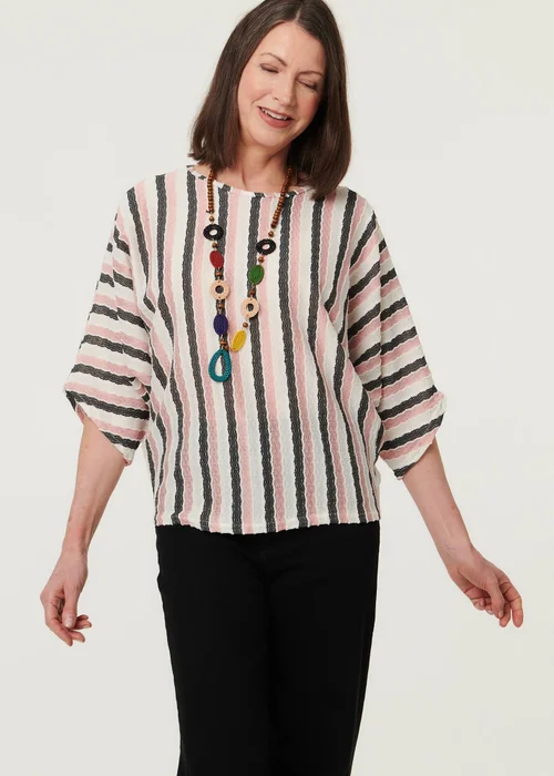 Izabel London Pink Striped 3/4 Sleeve Relaxed Necklace Top - 8-10 Image 1