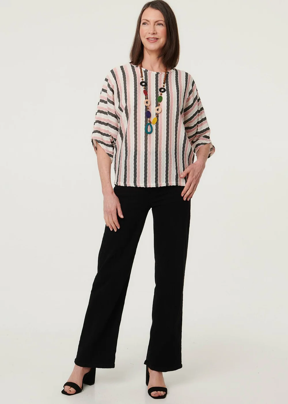 Izabel London Pink Striped 3/4 Sleeve Relaxed Necklace Top - 8-10 Image 4