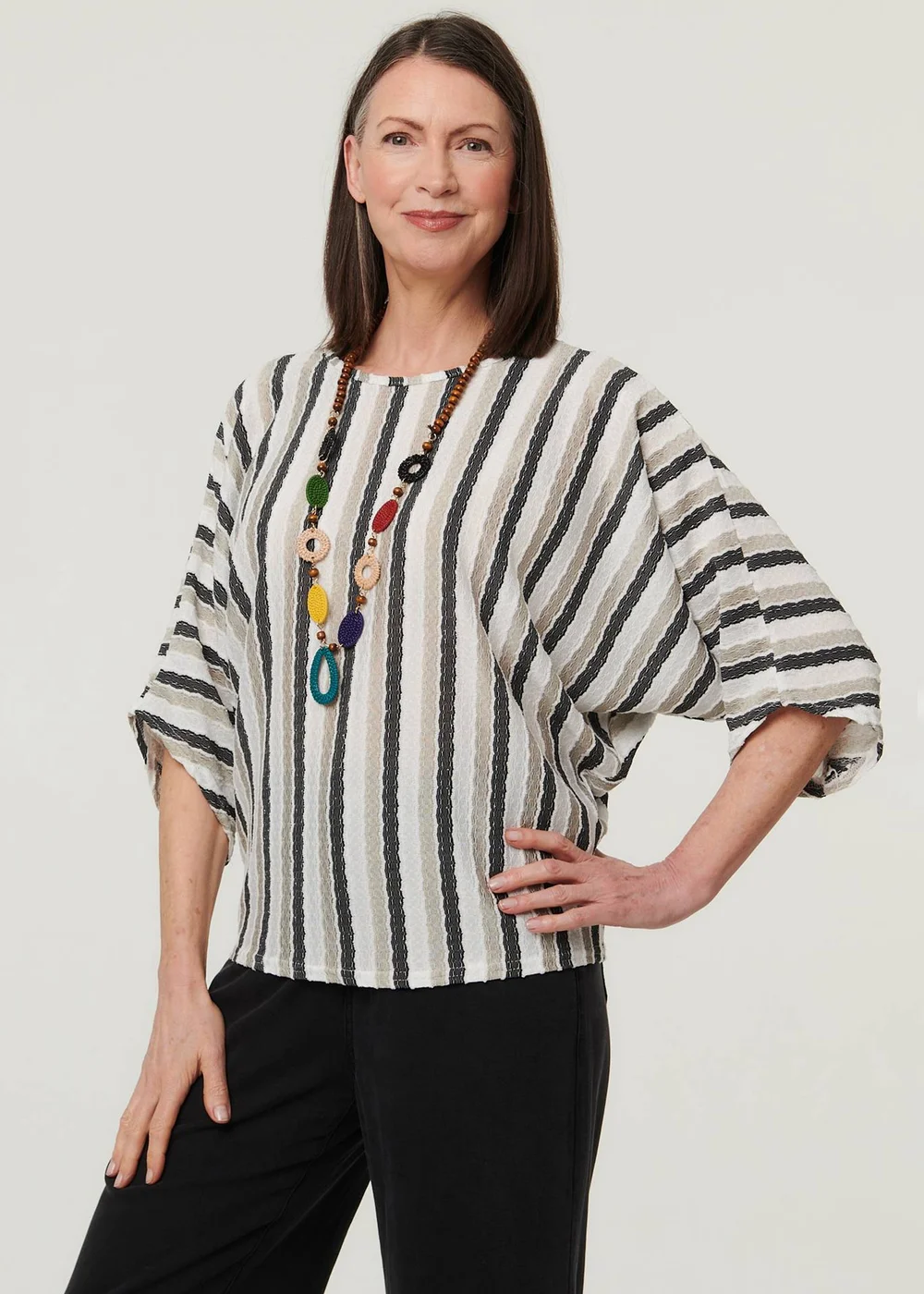 Izabel London White Striped 3/4 Sleeve Relaxed Necklace Top - 10-12 Image 1