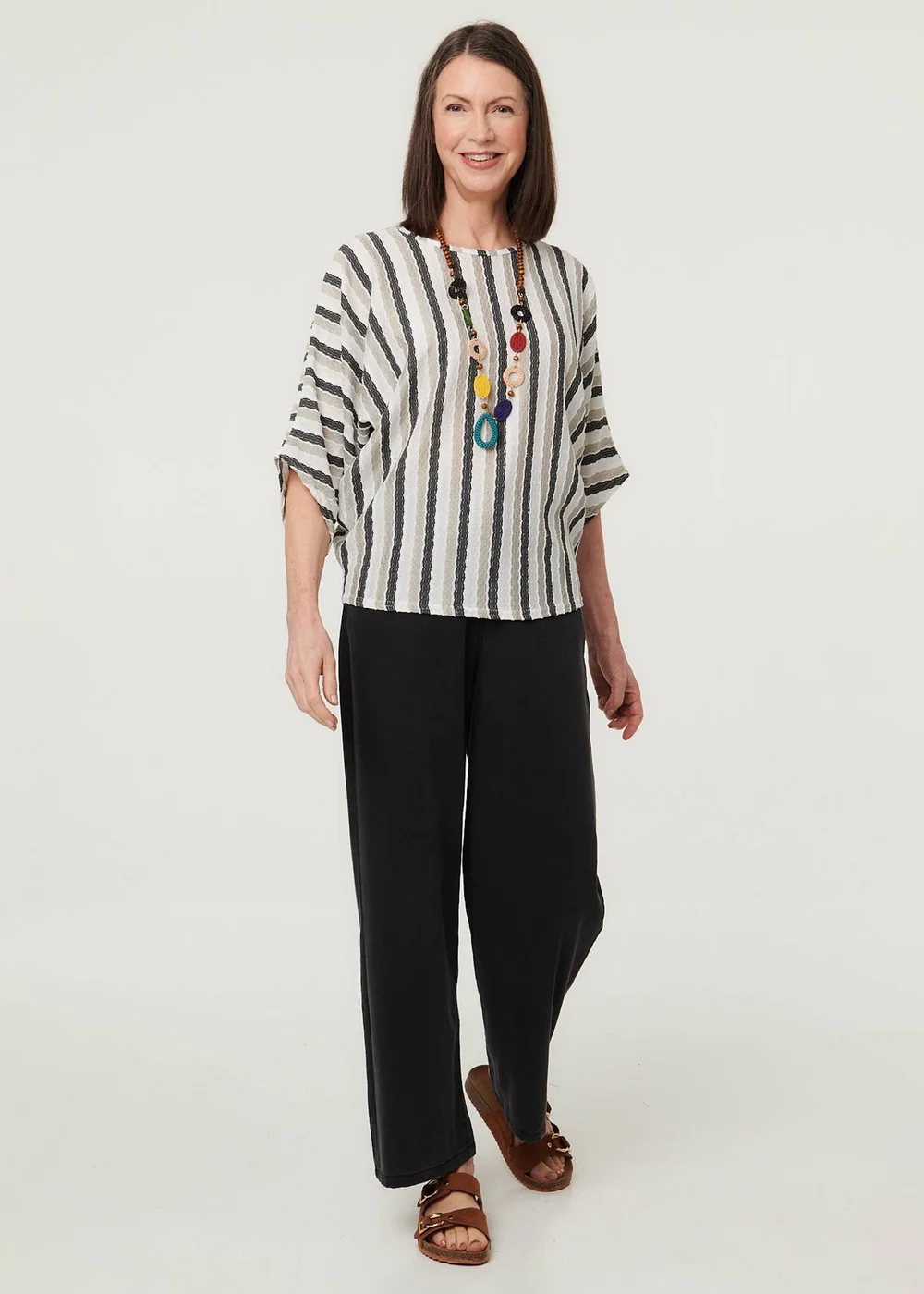Izabel London White Striped 3/4 Sleeve Relaxed Necklace Top - 10-12 Image 4