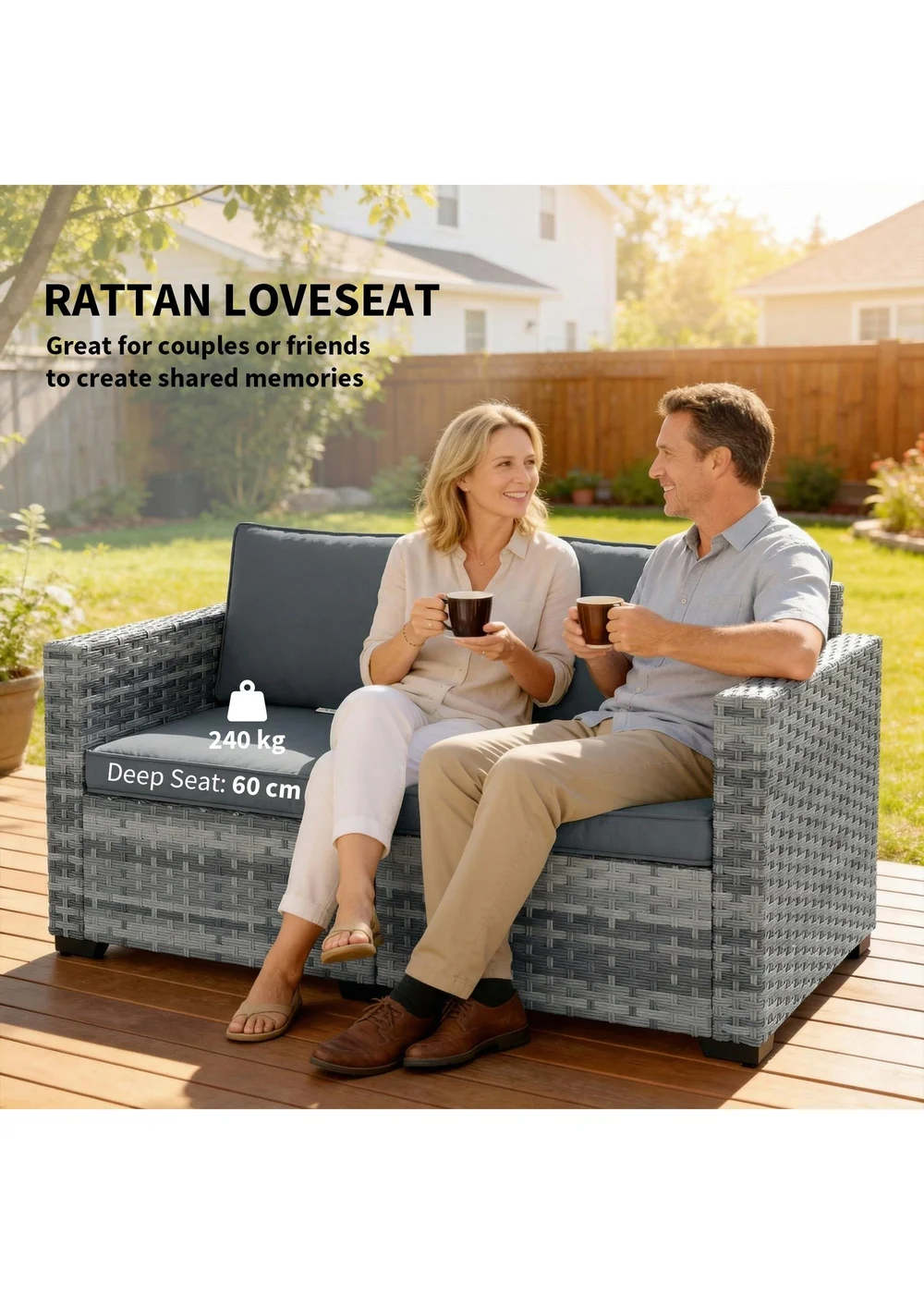 Outsunny Mixed Grey 2 Seater Rattan Garden Sofa with Deep Seat - One Size Image 4