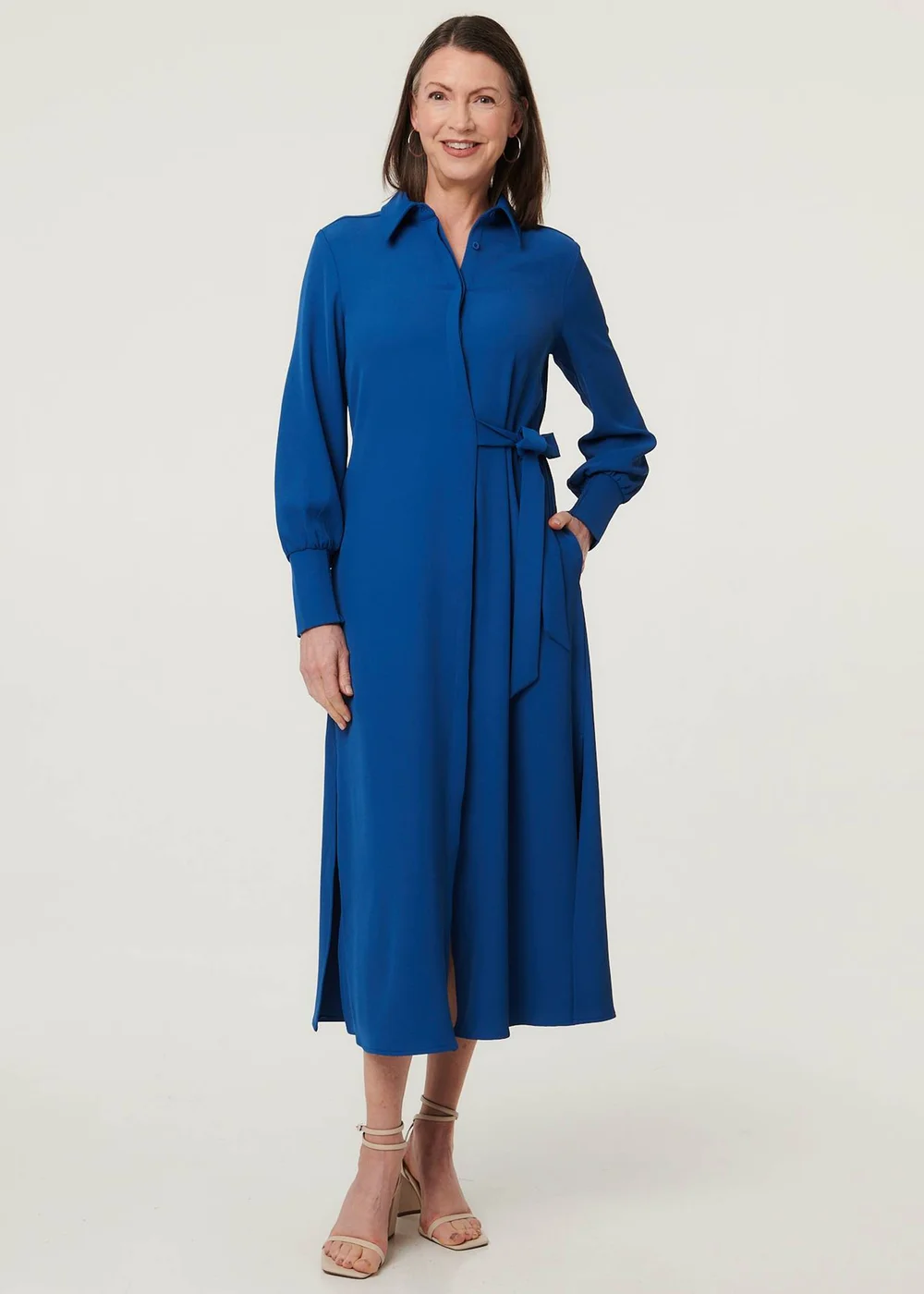 Izabel London Blue Tie Waist Long Sleeve Midi Shirt Dress - 12 | Matalan Izabel London Blue Tie Waist Long Sleeve Midi Shirt Dress - 12 | Matalan