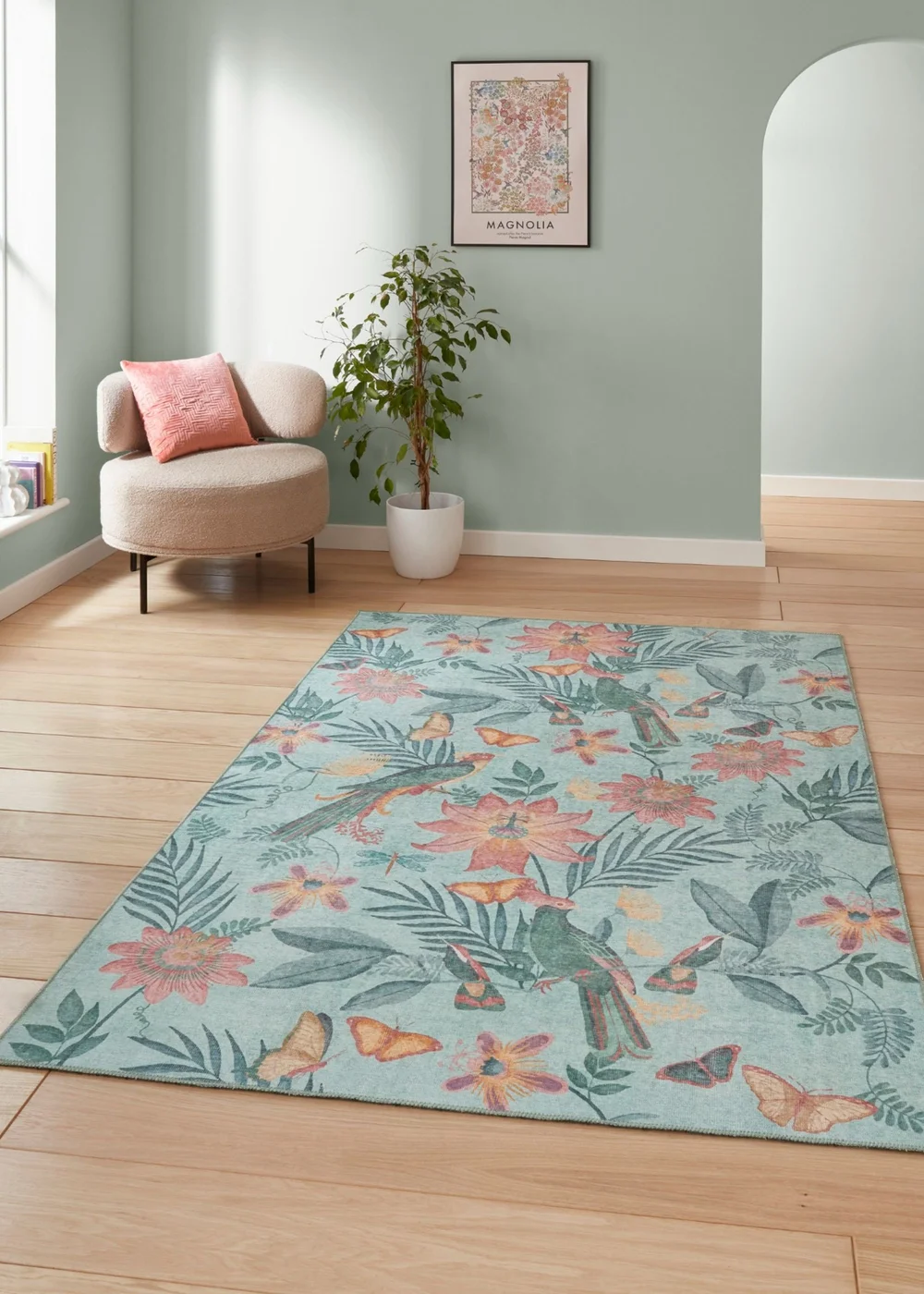 Catherine Lansfield Amaya Tropical Birds Green Washable Rug 61 x 170cm - 61 x 170 Image 1
