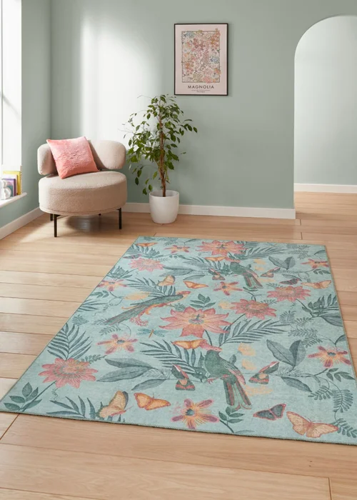 Catherine Lansfield Amaya Tropical Birds Green Washable Rug 61 x 170cm - 61 x 170 Image 1