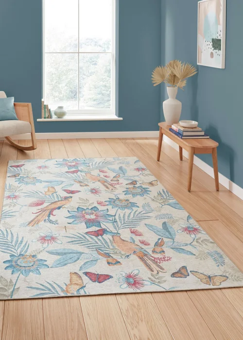 Catherine Lansfield Amaya Tropical Birds Blue Washable Rug 76 x 230cm - 61 x 170 Image 1