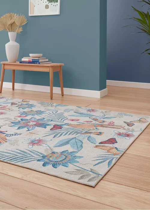 Catherine Lansfield Amaya Tropical Birds Blue Washable Rug 76 x 230cm - 61 x 170 Image 2
