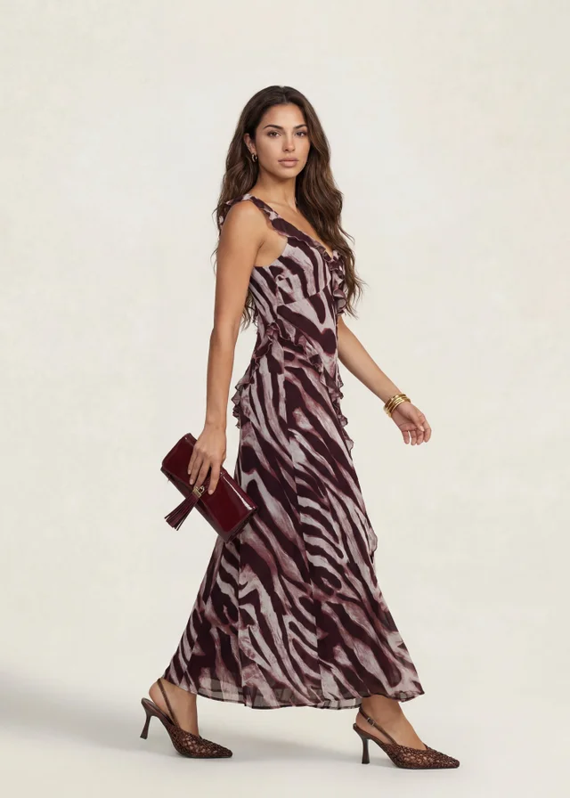 Urban Bliss Animal Ruffle Maxi Dress Burgundy