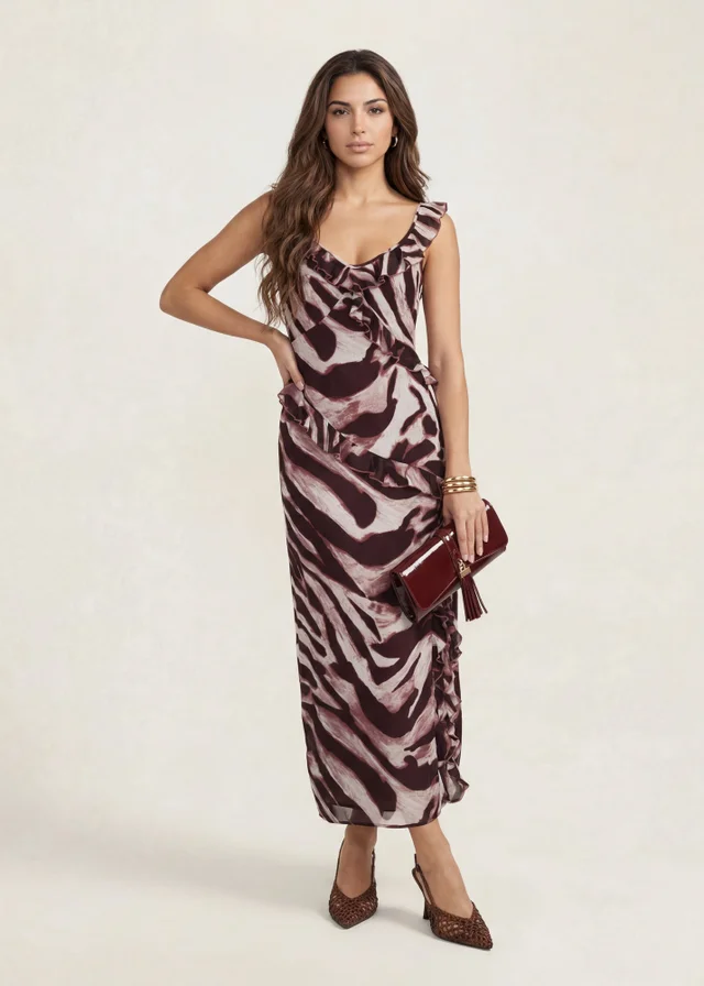 Urban Bliss Animal Ruffle Maxi Dress Burgundy