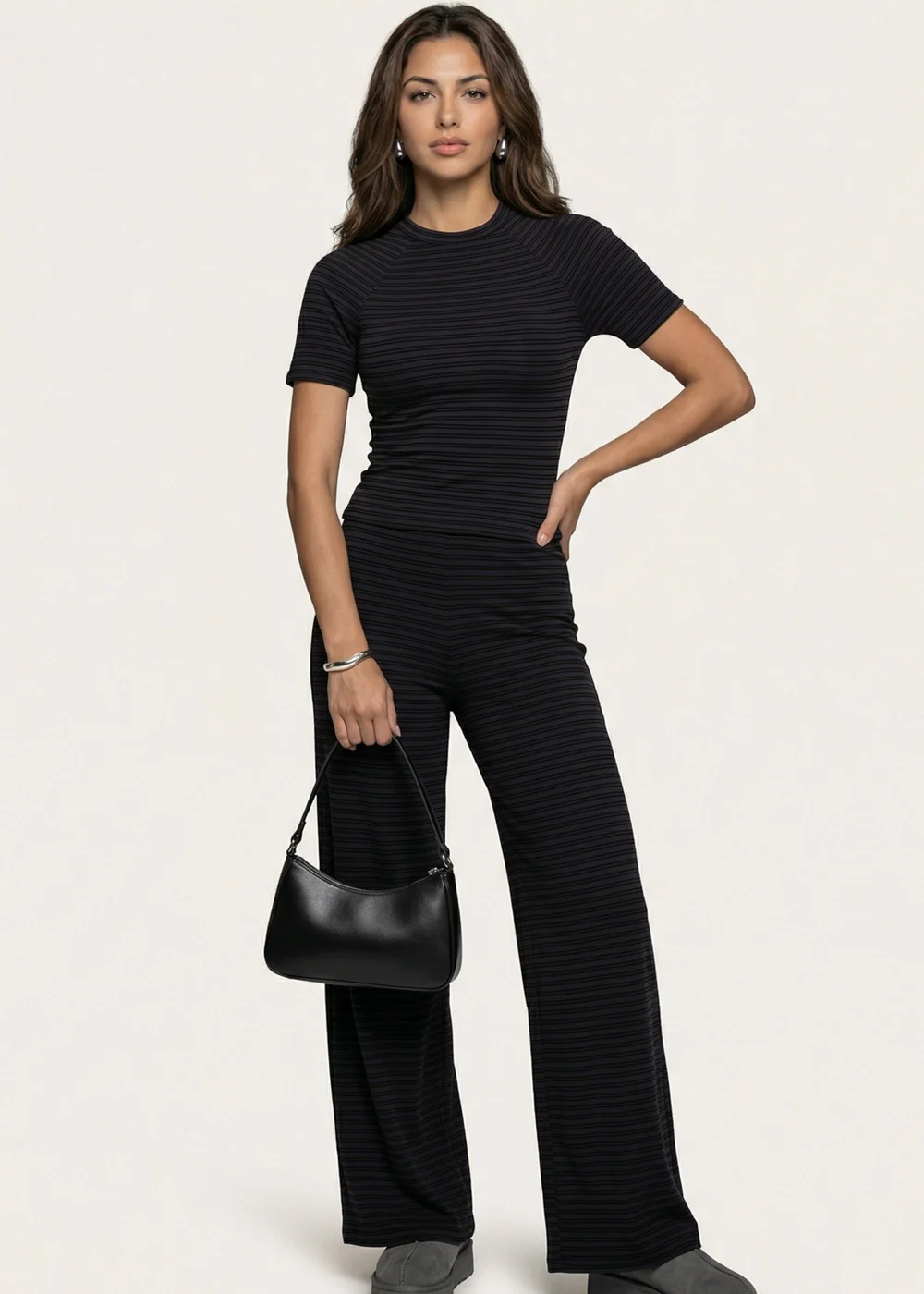 Urban Bliss Jersey Striped Wide Leg Trouser Charcoal - 8 Image 2