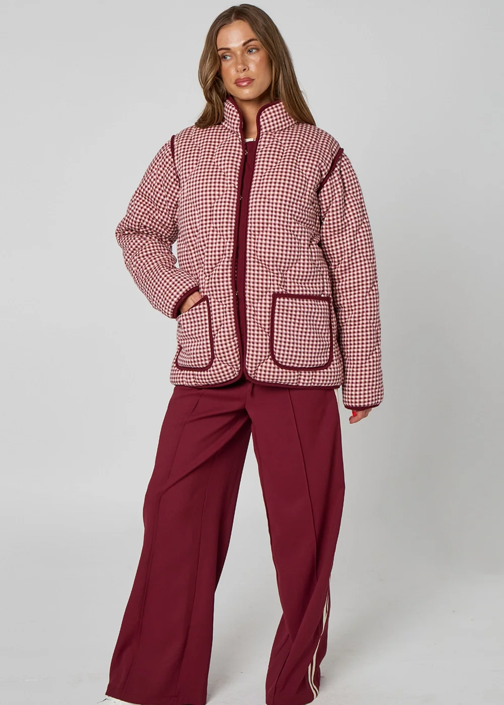 Urban Bliss Gingham Quilted Coat Burgundy - 8 Image 3