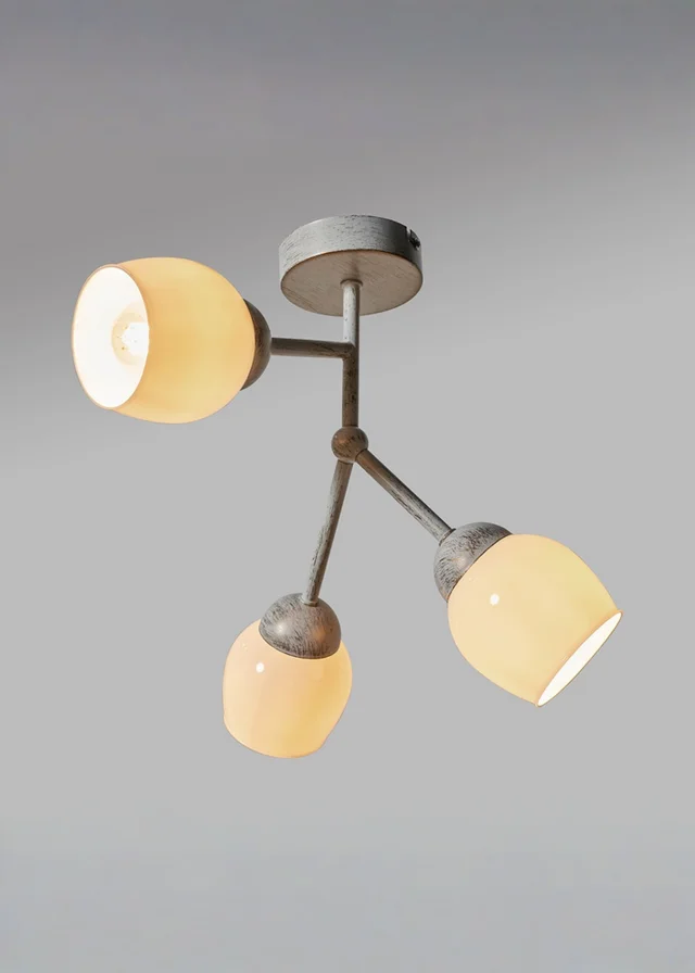 ValueLights Kenton Aged Metal Effect 3 Way Ceiling Light With White Glass Shades