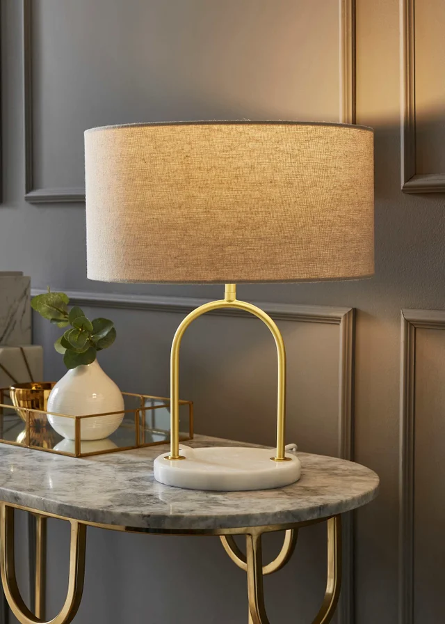 ValueLights Rachel Brushed Gold Metal Arch Marble Base Table Lamp