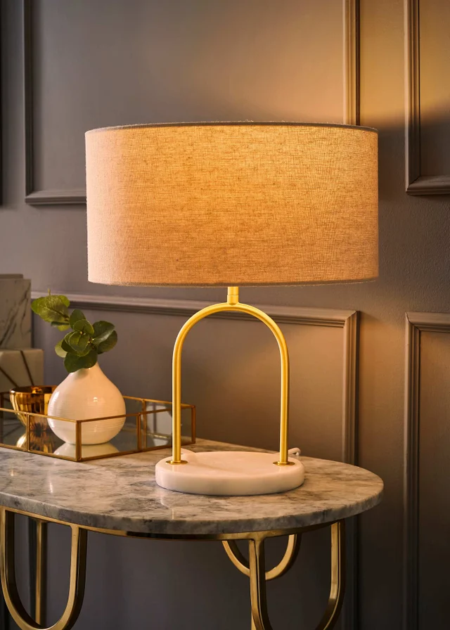 ValueLights Rachel Brushed Gold Metal Arch Marble Base Table Lamp