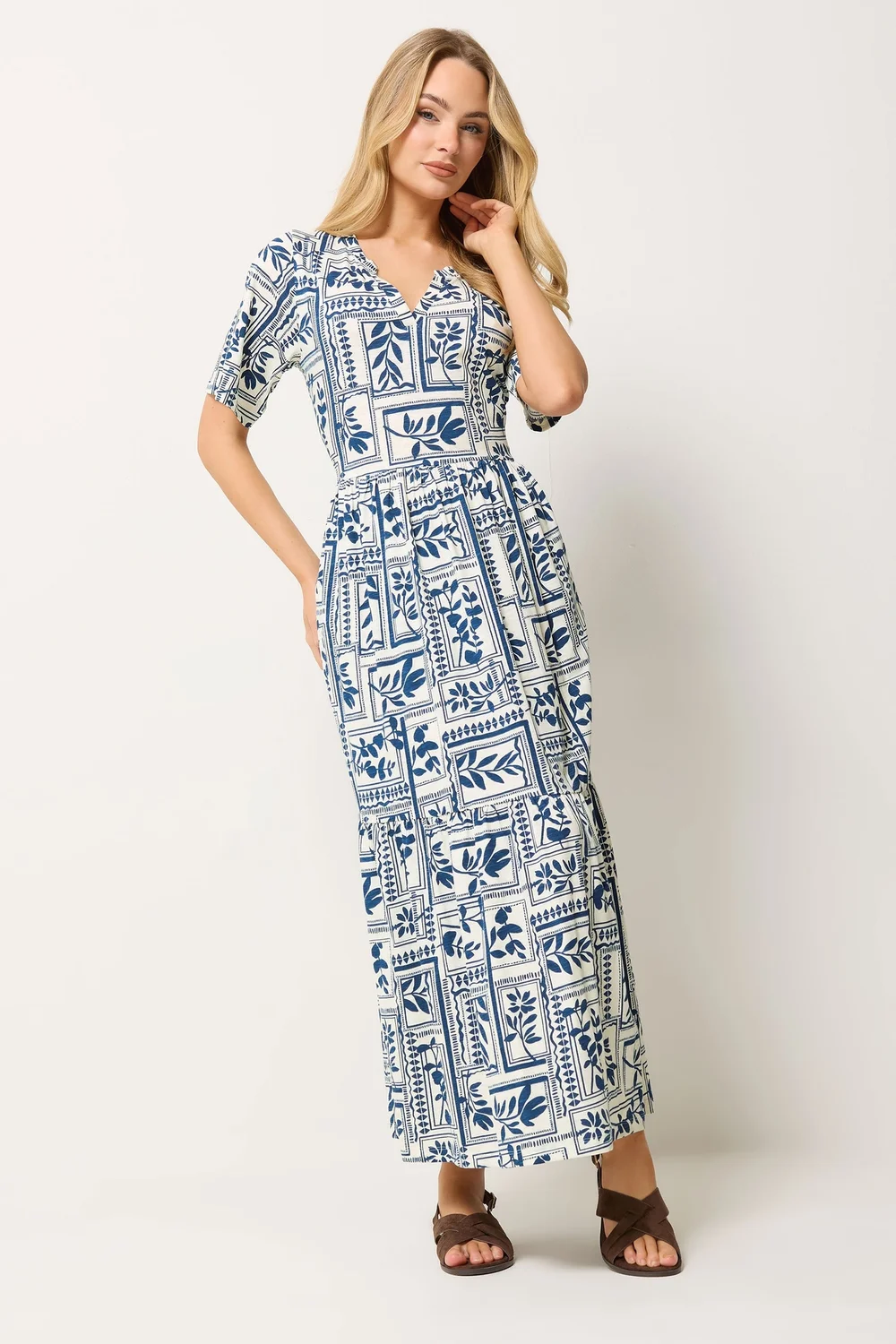 M&Co Blue Leaf Print Tiered Maxi Dress - 12 Image 1