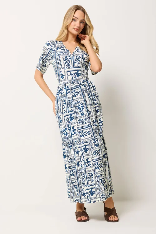 M&Co Blue Leaf Print Tiered Maxi Dress - 12 Image 1
