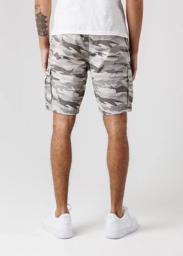 Tokyo Laundry Grey Washed Cotton Twill Cargo Shorts With Camo Print