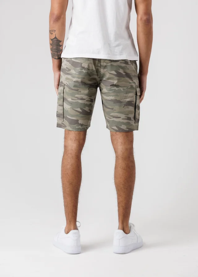 Tokyo Laundry Khaki Washed Cotton Twill Cargo Shorts With Camo Print