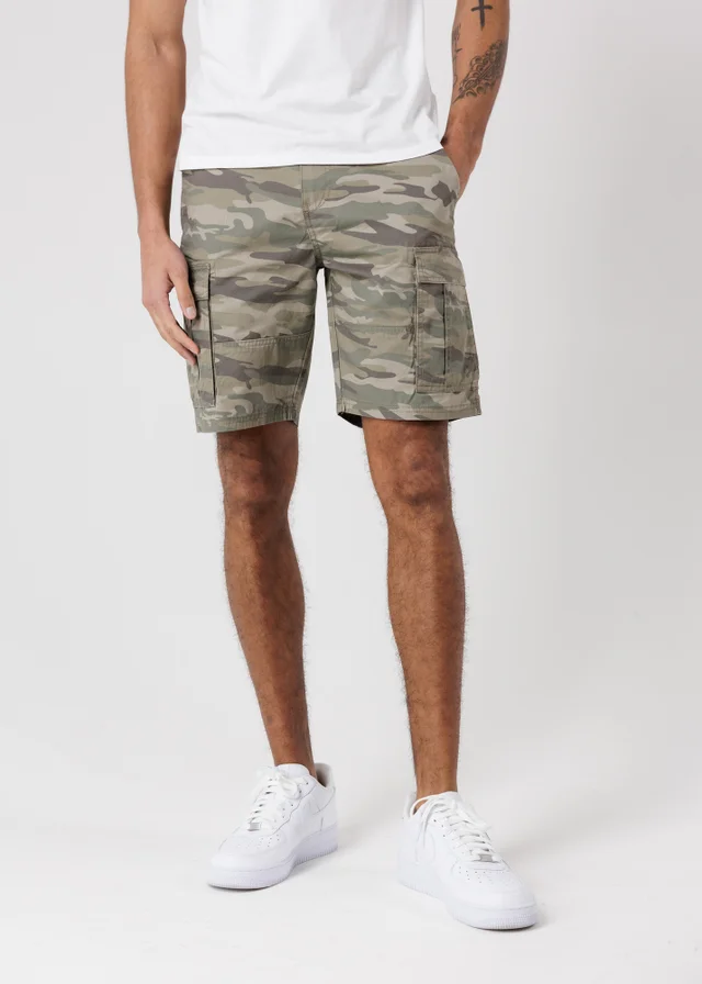Tokyo Laundry Khaki Washed Cotton Twill Cargo Shorts With Camo Print