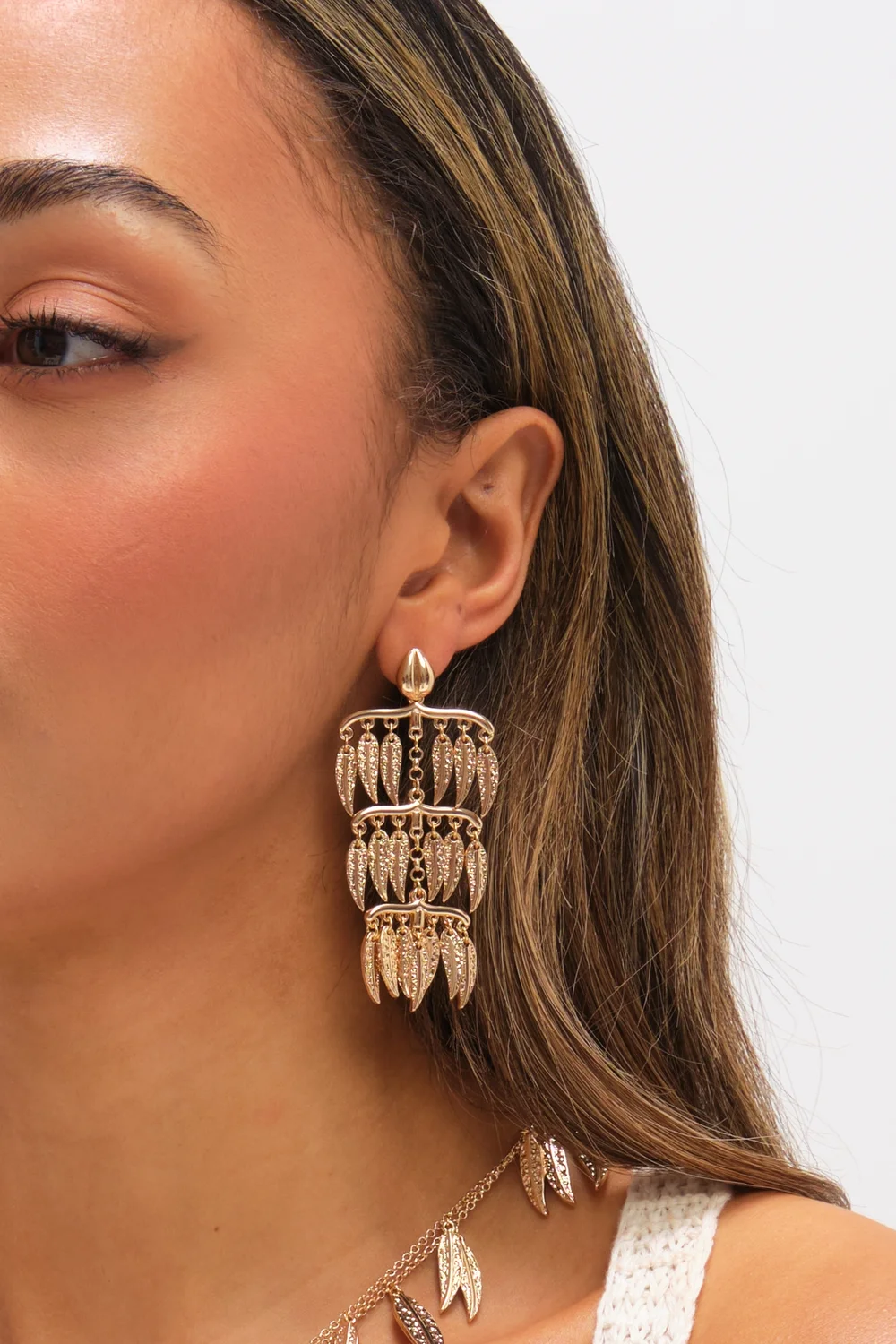 Mood Gold Plated Cascading Leaf Earrings - One Size Image 2