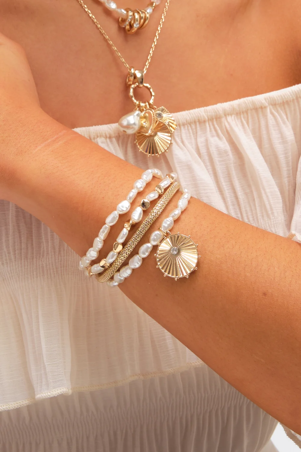 Mood Gold Plated Pearl Charm Stretch Bracelet Pack Of 4 - One Size Image 2