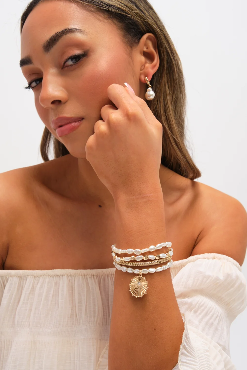 Mood Gold Plated Pearl Charm Stretch Bracelet Pack Of 4 - One Size Image 3
