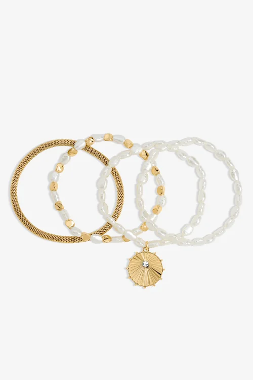 Mood Gold Plated Pearl Charm Stretch Bracelet Pack Of 4 - One Size Image 1