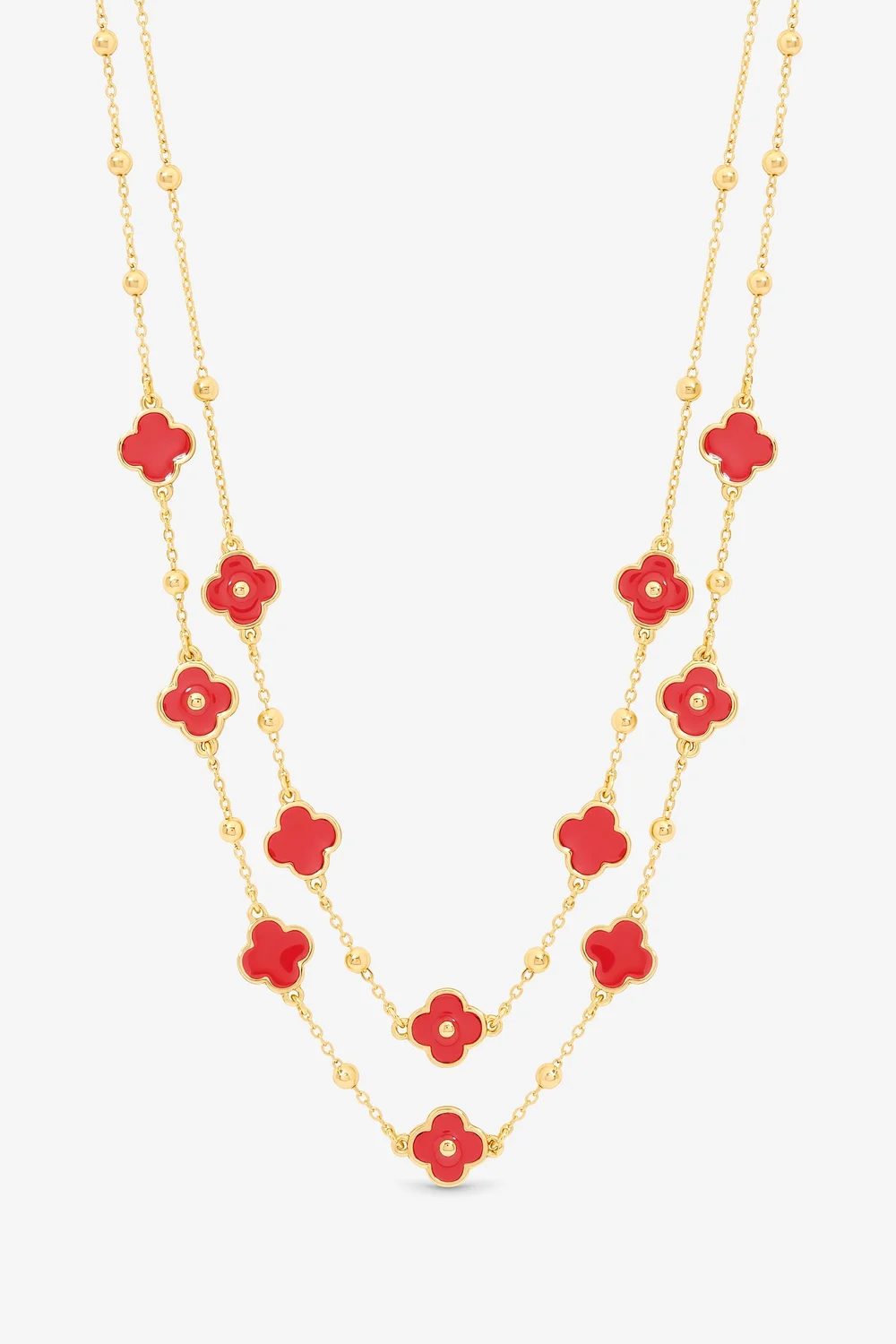 Mood Gold Plated & Coral Clover Double Row Necklace - One Size Image 1