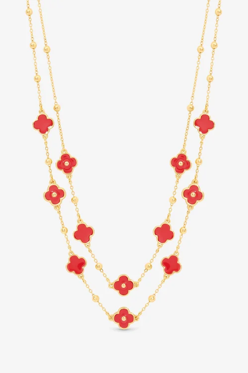 Mood Gold Plated & Coral Clover Double Row Necklace - One Size Image 1