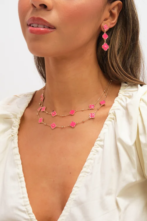 Mood Gold Plated & Coral Clover Double Row Necklace - One Size Image 2