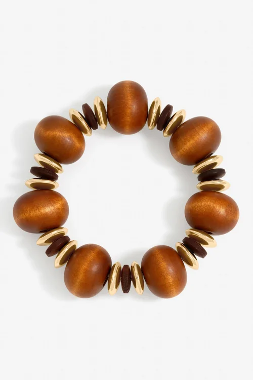 Mood Gold Plated & Wood Orb Stretch Bracelet - One Size Image 1
