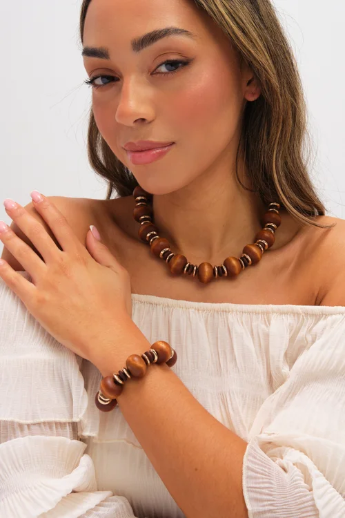 Mood Gold Plated & Wood Orb Stretch Bracelet - One Size Image 3