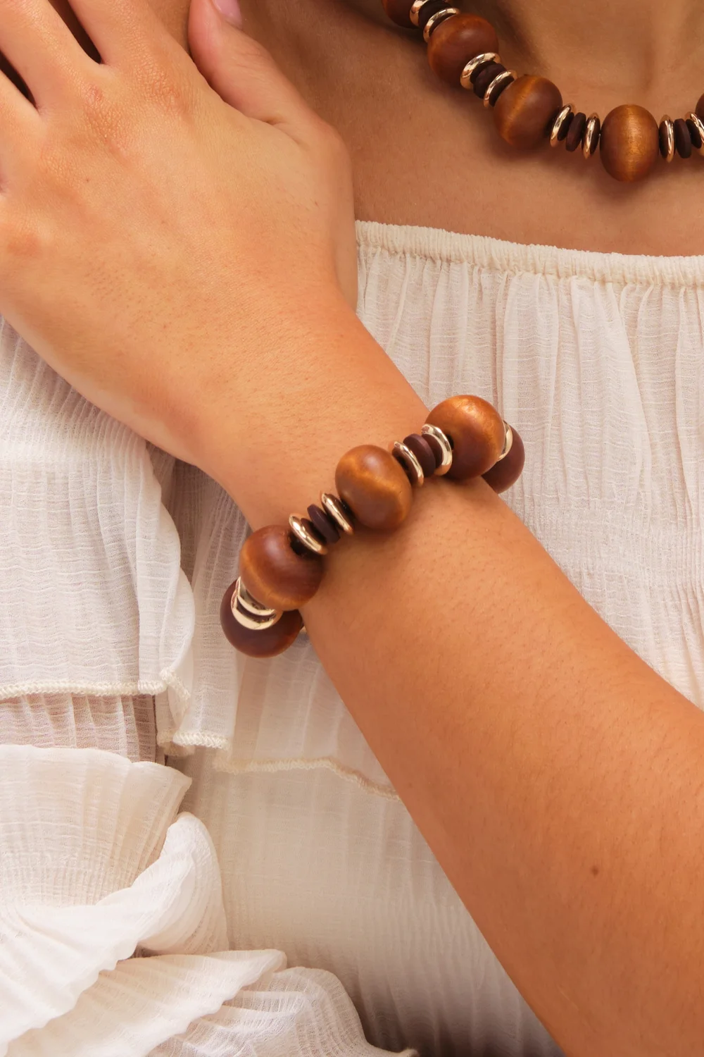 Mood Gold Plated & Wood Orb Stretch Bracelet - One Size Image 2