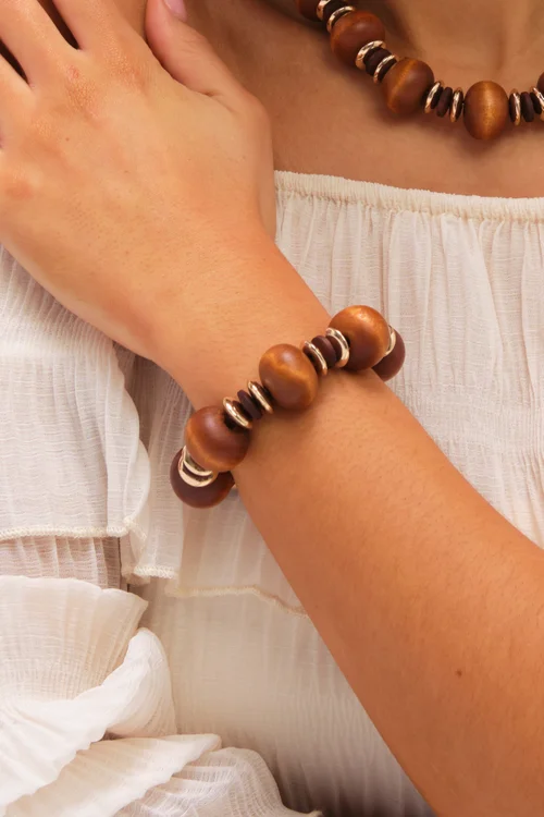 Mood Gold Plated & Wood Orb Stretch Bracelet - One Size Image 2