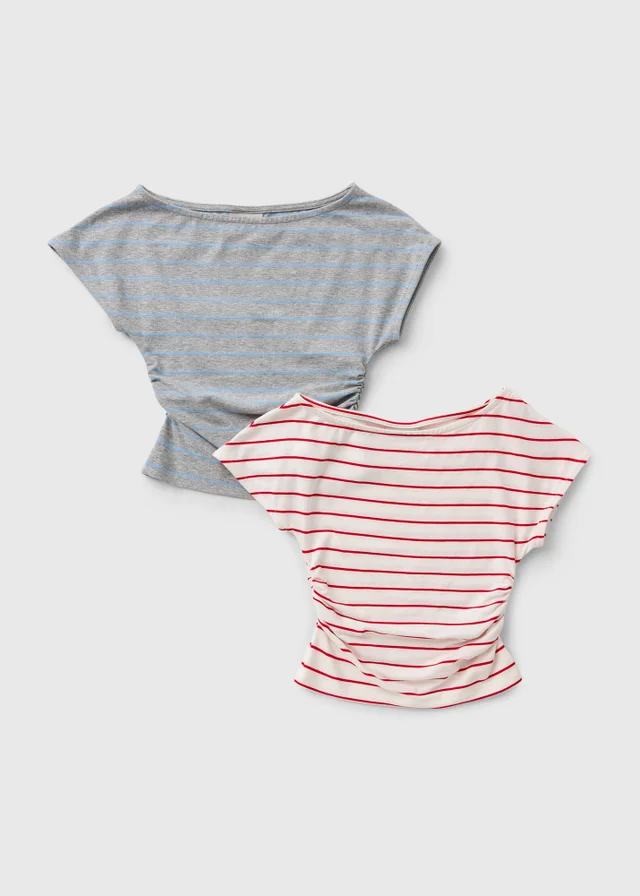 2 Pack Girls Multicoloured Striped T-Shirts (7-15Yrs)