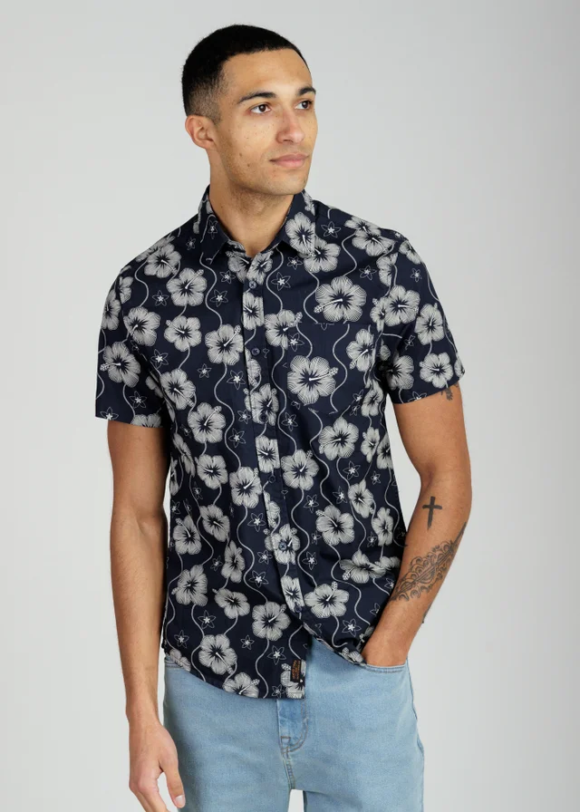 Tokyo Laundry Navy Cotton Poplin Button Up Shirt With Abstract Floral Print