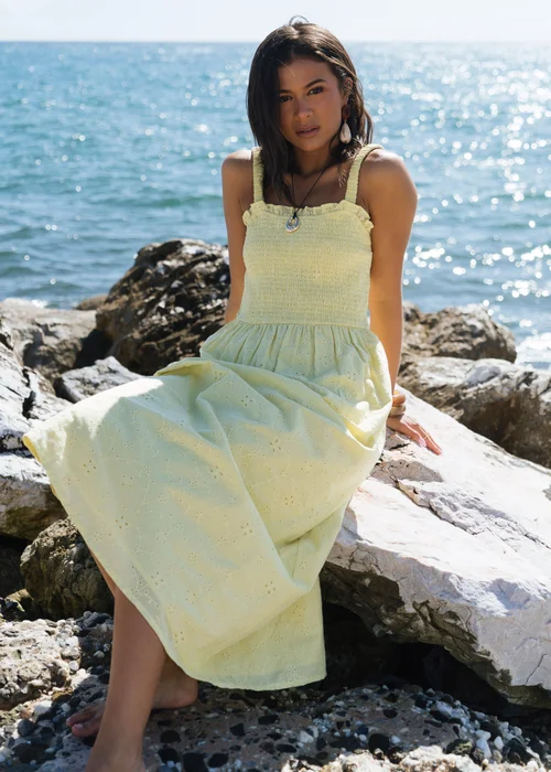 Gini London Yellow Embroidered Shierred Bodice Sun Dress - 16 Image 1