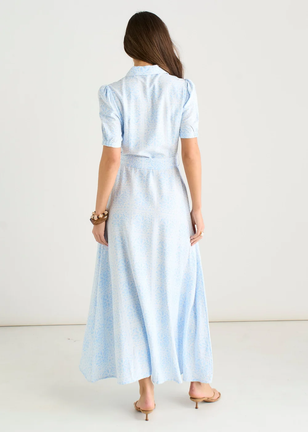Gini London Cotton Mix Blue Tile Print Button Through Maxi Shirt Dress - 14 Image 3