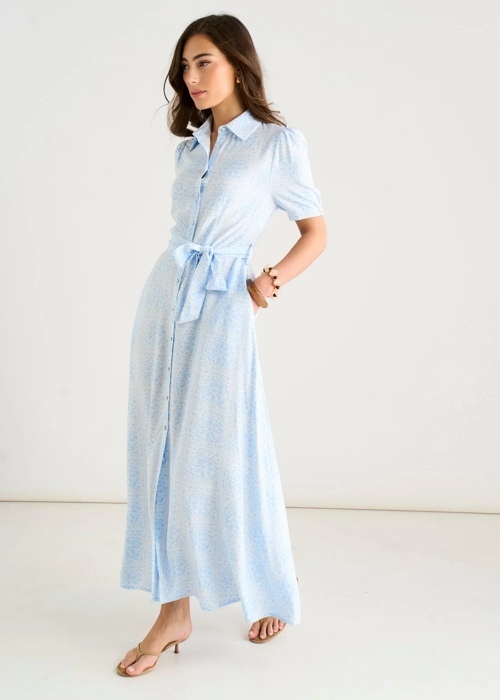 Gini London Cotton Mix Blue Tile Print Button Through Maxi Shirt Dress - 14 Image 5